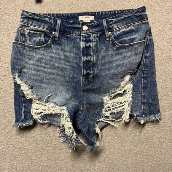 Good American Women's 8/29 Blue Distressed Hi Waisted Cut Off Shorts - Picture 1 of 8